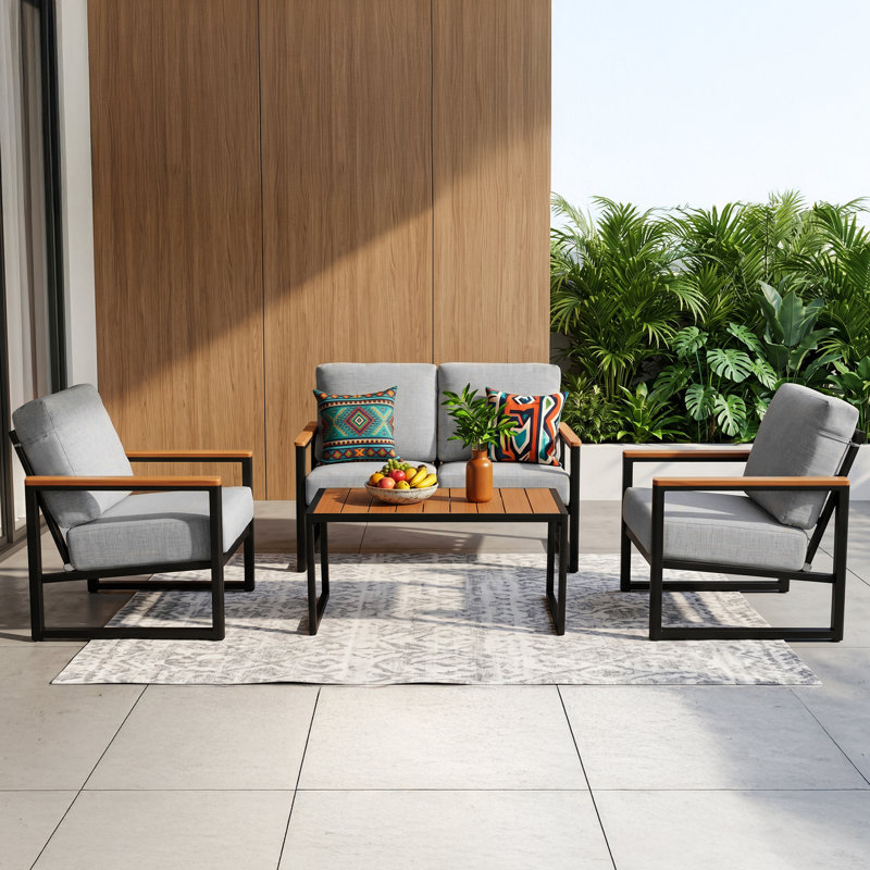 Ensemble de conversation extérieur en aluminium pour 4 personnes avec accoudoirs en faux bois