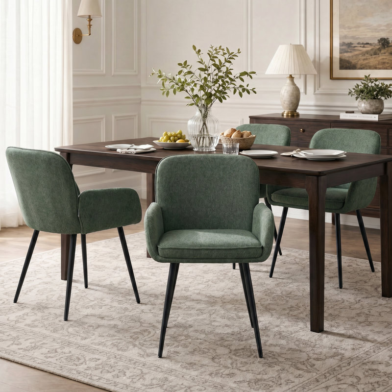 Chaises de salle à manger rembourrées en chenille avec pieds en métal (ensemble de 4), 4, Vert