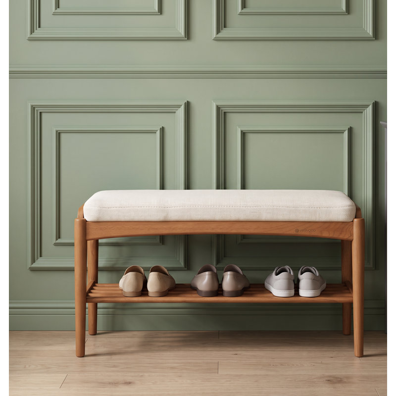Solid Oak Upholstered Shoe Bench, American Walnut & Beige, 23.62"W