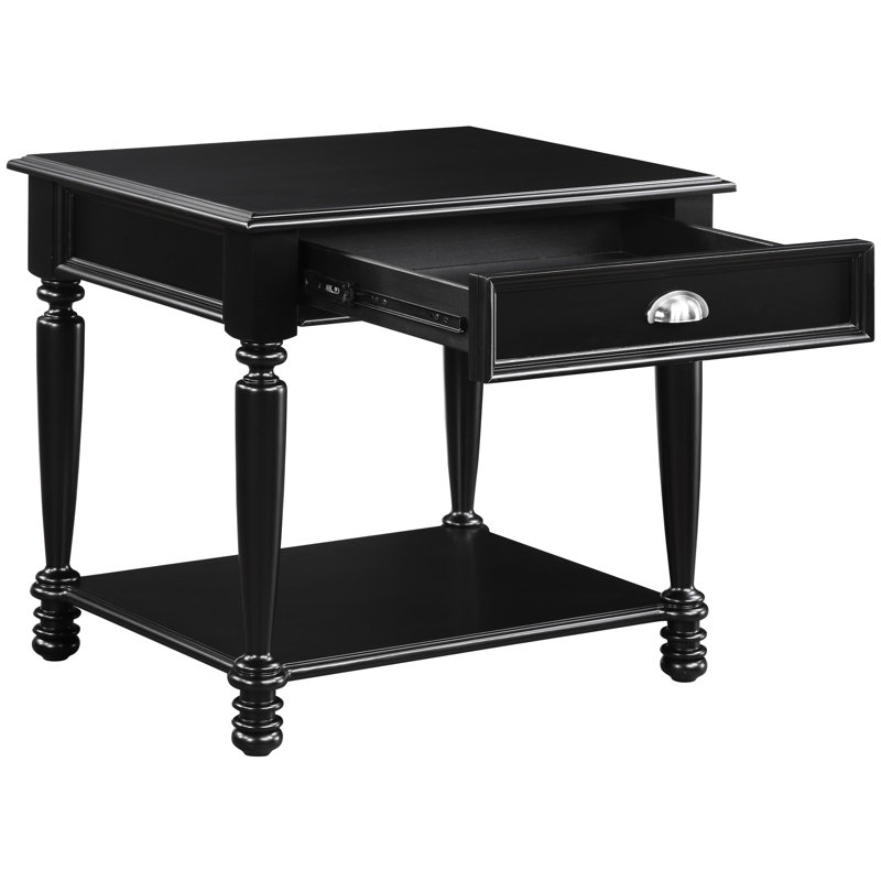 Traditional Living Room End Table In Black With Drawer And Shelf Rectangular Wood Bottom