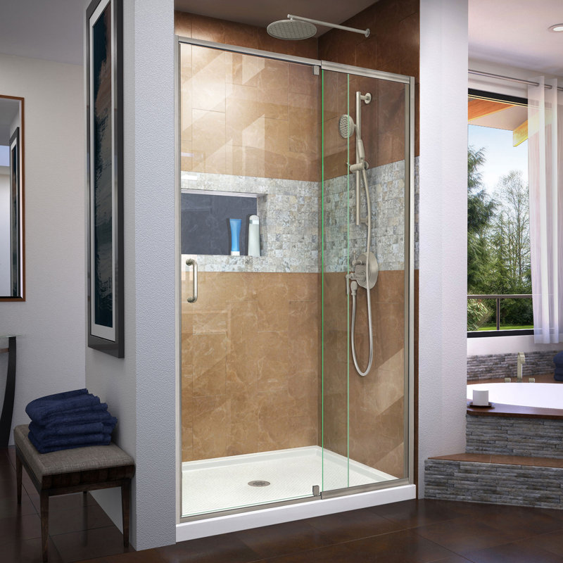 DreamLine Flex P 32 po x l 42 po x H 74 3/4 po porte de douche pivotante semi-sans cadre en nickel brossé avec base de douche à drain central