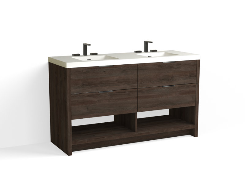 Vue 60" W Freestanding Double Bathroom Vanity, Glossy White/8" Widespread, Matte Black, White Nanomatte