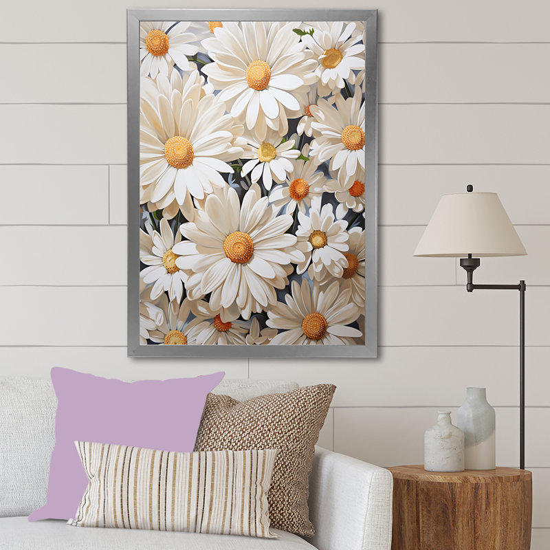 Marguerite blanche en fleurs élégance, Cadre simple argenté, H 20 po x l 12 po x P 1 po