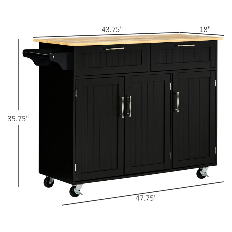 Îlot de cuisine avec rangement - noir. Comptoir en bois, tiroirs, armoires à 3 portes et porte-serviettes. Surface de travail supplémentaire. Organisez la cuisine. Facilement déplaçable. Moderne. L 43,7 po x l 18,1 po Capacité de 110 lb. Assemblage