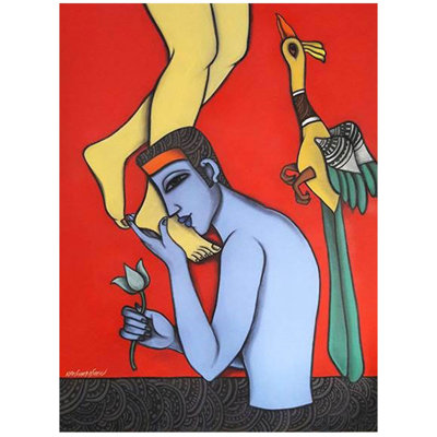 Homme embrassant les pieds de son amant | Technique mixte sur toile | Peinture de Krishna Ashok