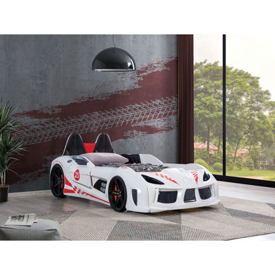 Modern Novelty Style Twin Size Race Car Design Bed Attached Two Magnetic Doors With LED Lights On Wheels And Bottom Upholstery Headboard And Sides White Finish