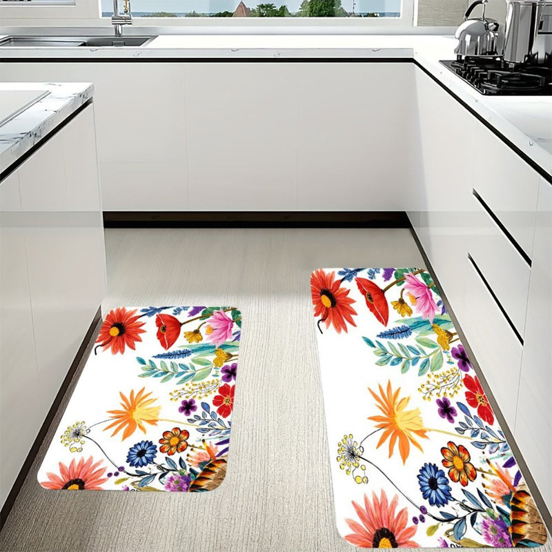 Vibrant Mixed Blooms, Kitchen Mats Set Of 2, Red Floral