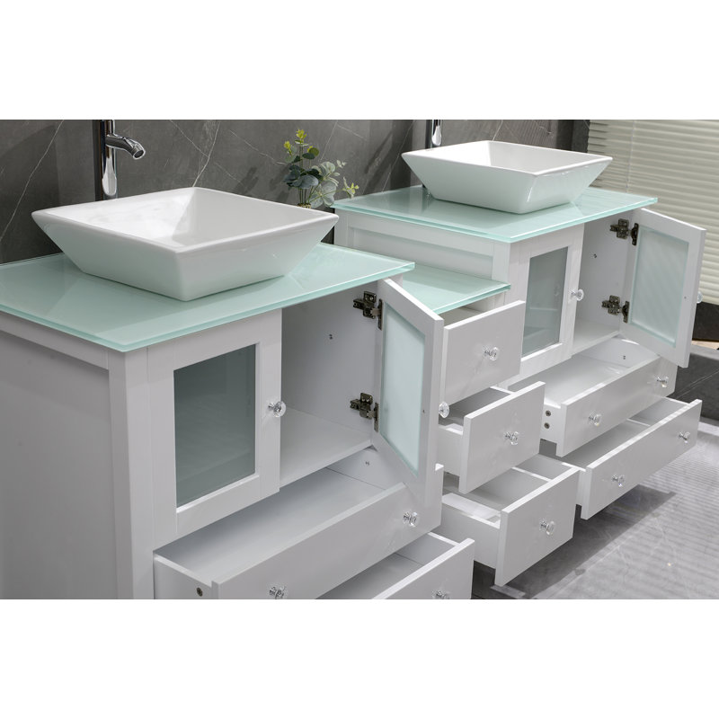 Meuble-lavabo double autoportant 74,5 po avec plateau en verre trempé