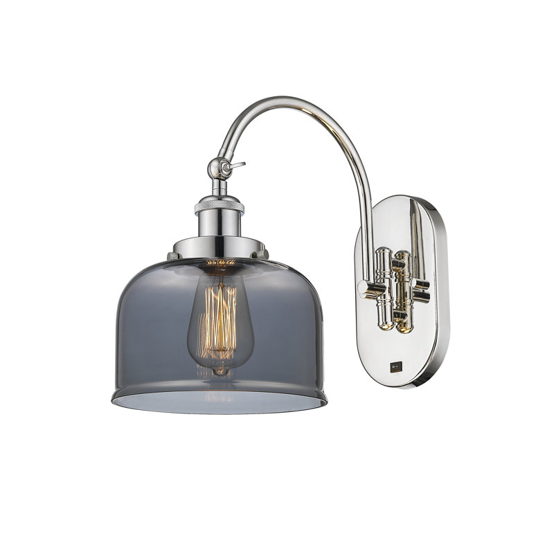 Applique murale articulée en métal 1 lumière avec abat-jour cloche en verre Shauna, DEL, Fumée plaquée, Nickel poli