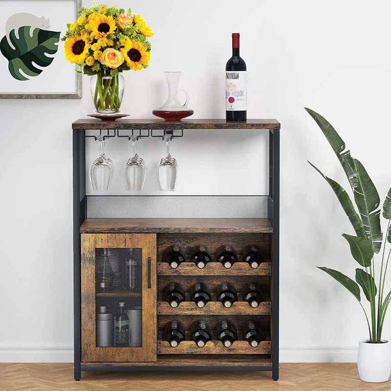Wine Bar Rack Cabinet With Detachable Wine Rack, Bar Cabinet With Glass Holder, With Mesh Door, Rustic Brown