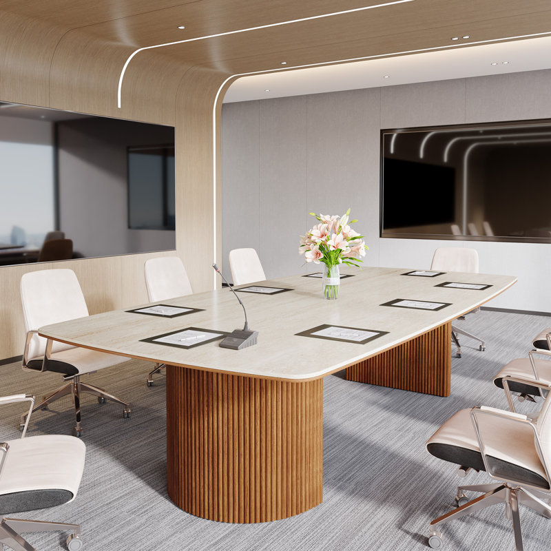 Conference Table With Unique Travertine Slab Top And Semi-Circular Stripe Base