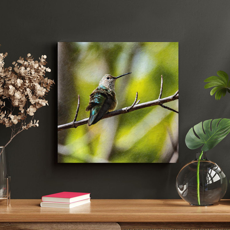 Colibri vert et bleu sur une branche d'arbre brun - impression d'art graphique rectangulaire sur toile tendue