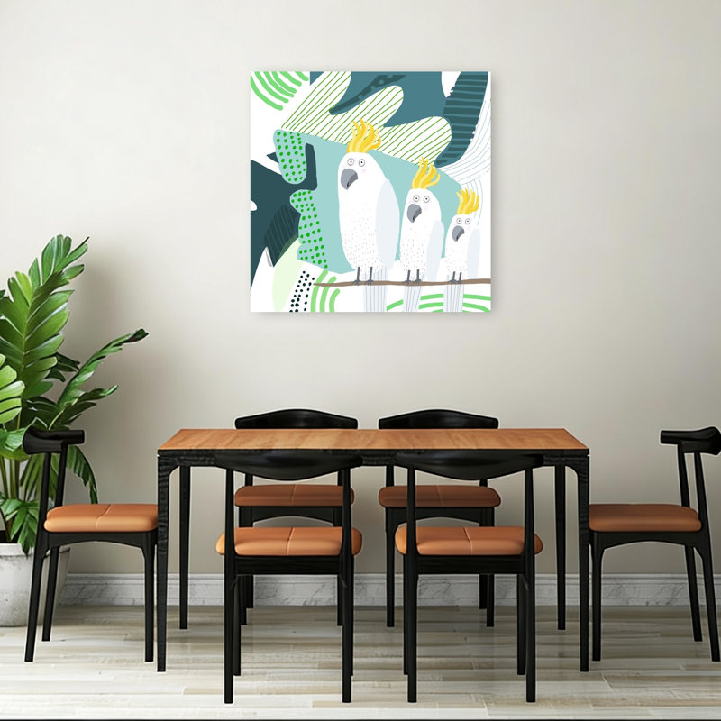 Three Tropical Cockatoos Whimsical Abstract Bird Nature Tropical Wall Art Print by Carla Daly - Wrapped Canvas Print