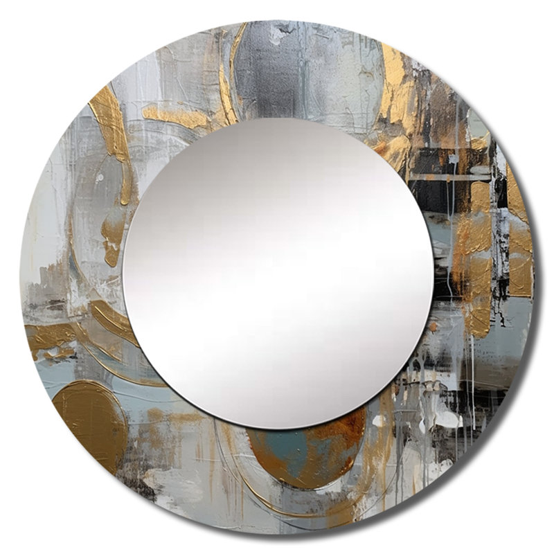 Sirli or et gris Radical Simplicity II - décor de miroir mural moderne unique Mid-Century, grand miroir rond moderne, impression d'art en métal