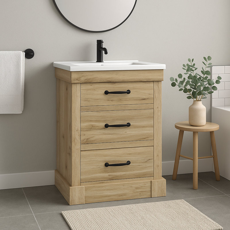 Estebana 24" Single Bathroom Vanity With Two Drawers and Ceramic Top, Light Oak