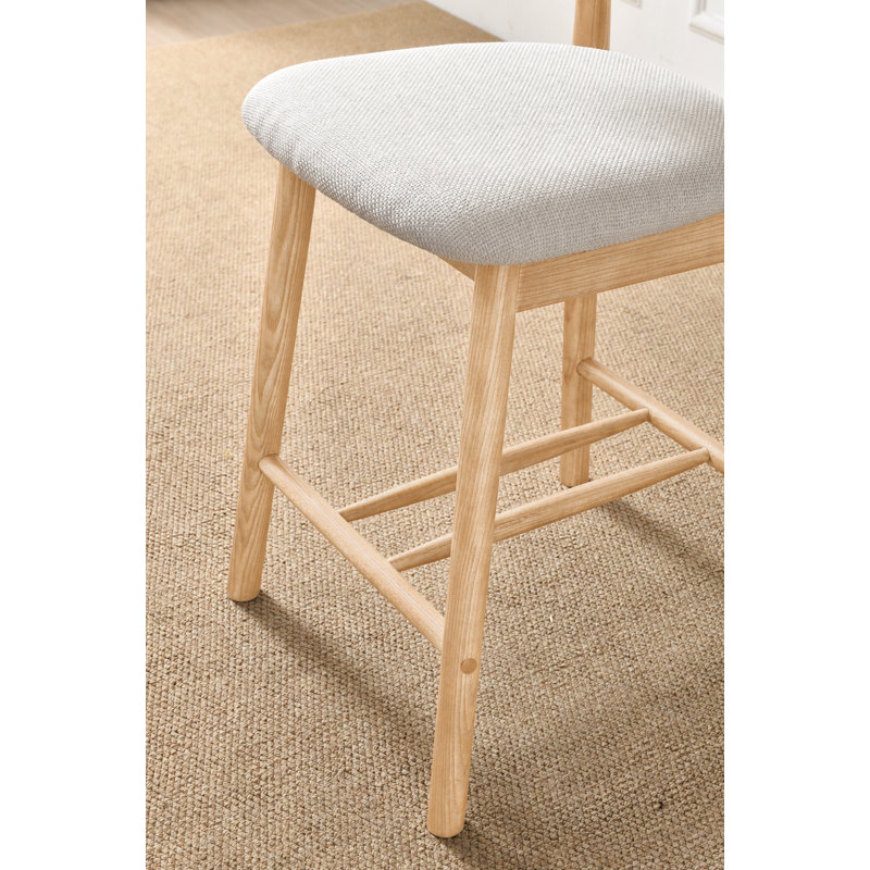 Set Of 2  Counter Height Bar Stools, Solid Ash Wood Kitchen Island Chairs With Upholstered Seat & Curved Backrest, Oak