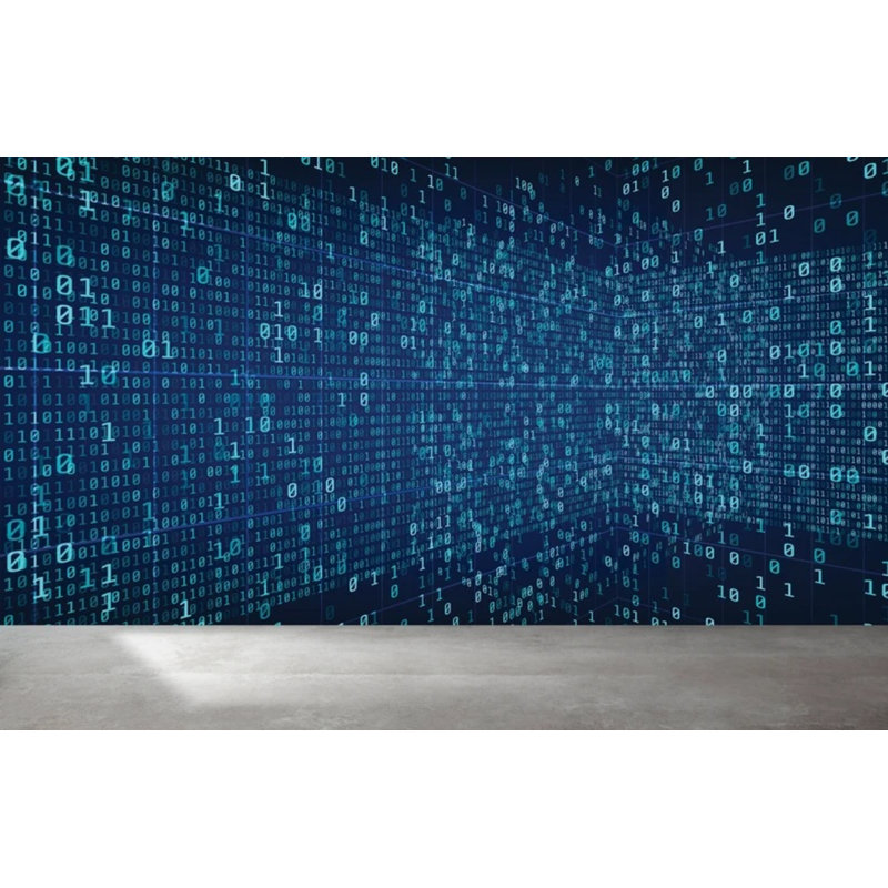 Murale numérique code binaire - flux de données Cyber Technology en bleu sarcelle et bleu marine, 114" L x 204" W