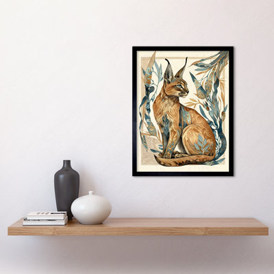 Caracal Cat With Teal Plants Modern Nouveau Watercolour - Single Picture Frame Print