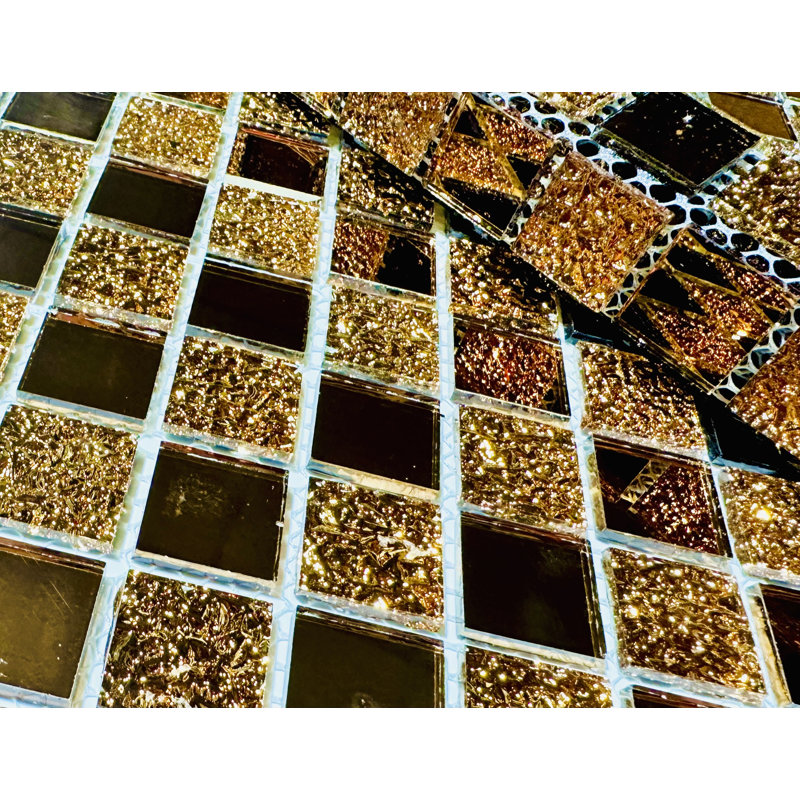 Premium Gold 12 x 12 Square Glass Mirror Mosaic Wall Tile, Ivory Creme