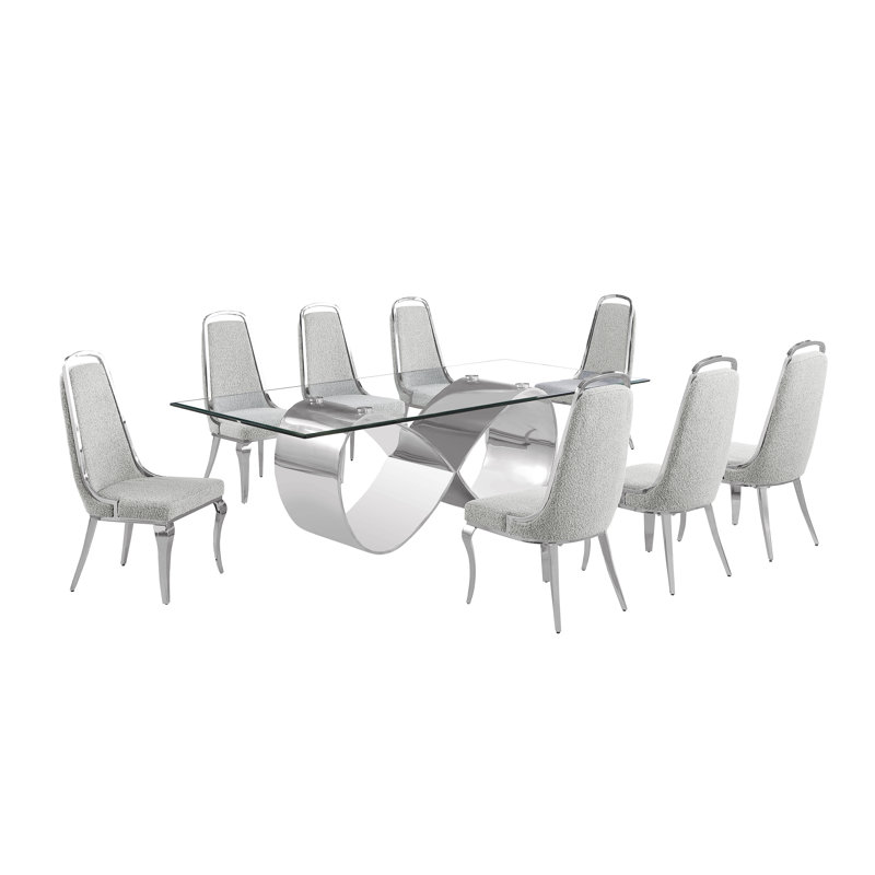 Ensemble de salle à manger en verre trempé avec chaises d'appoint en tissu Boucle, Gris riche, Argent argent