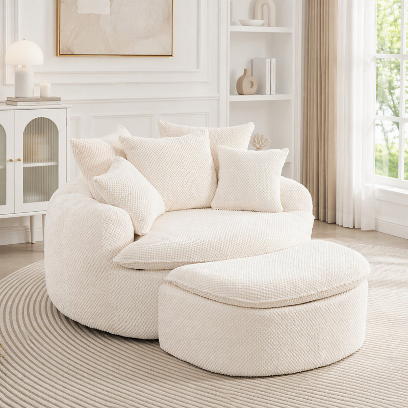 Chaise longue surdimensionnée avec repose-pieds, Tissu beige, 2