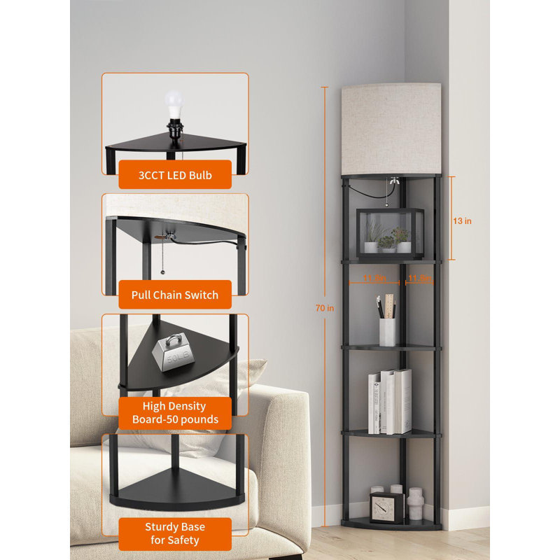 Floor Lamp With Shelves, 5-Tier Adjustable Corner Lamp With 3 Color Temperatures & Linen Shade, (E26 LED Bulb Included, 800Lm)