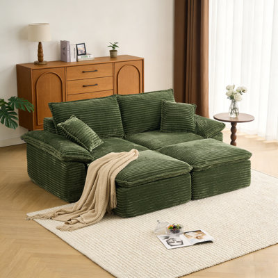 Modern Cloud Compressed Couch Soft Corduroy Sofa With Movable Ottoman Space-Saving Modular Design For Small Apartments, No Assembly Required-Green