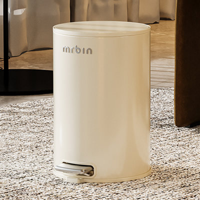 Small Metal Bathroom Trash Can with Lid, Step Waste Basket for Bedroom, Round Garbage Pail Kitchen with Plastic Inner Bucket and Stainless Steel Pedal, White