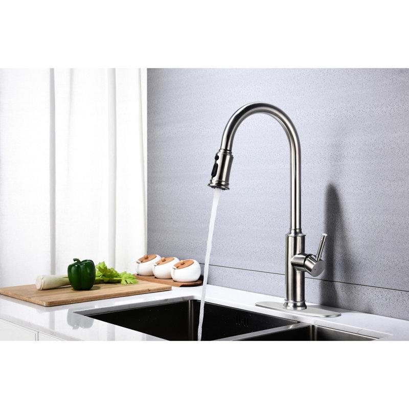 Robinet de cuisine avec abattant pivotant sur 360 degrés - Conception à arc élevé, trois motifs de débit d'eau, un seul levier pour ajuster facilement la température et le débit, surface en nickel brossé, corps en acier inoxydable, construction en saleté, lisse