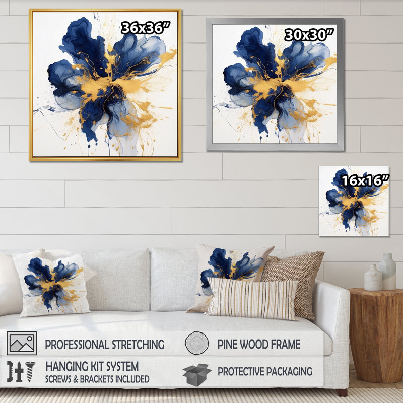 «Dark Blue and Gold Strokes I», art mural sur toile Fractals, H 30 po x l 30 po x P 1 po, Cadre simple noir