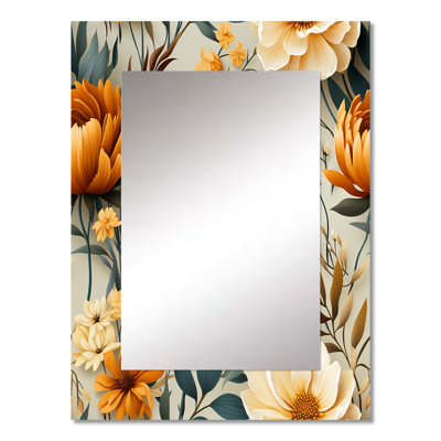 Orange And Green Natural Botanical Harmony - botanical  Wall Mirror, Botanical Decorative Mirror, Printed Metal Art