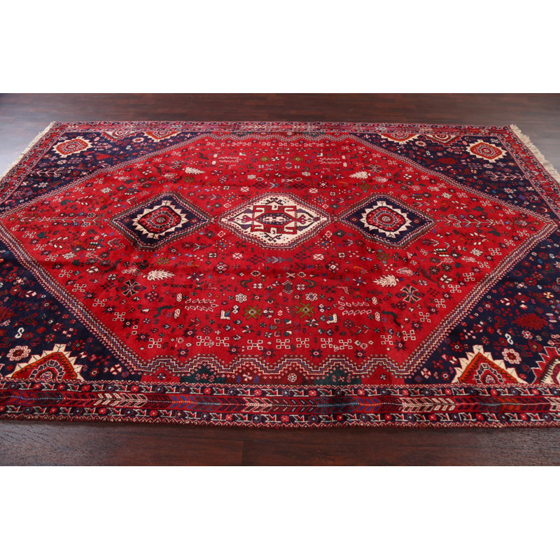 Tapis rouge en laine noué à la main de conception unique 7 pi 3 po x 10 pi 9 po Kursh