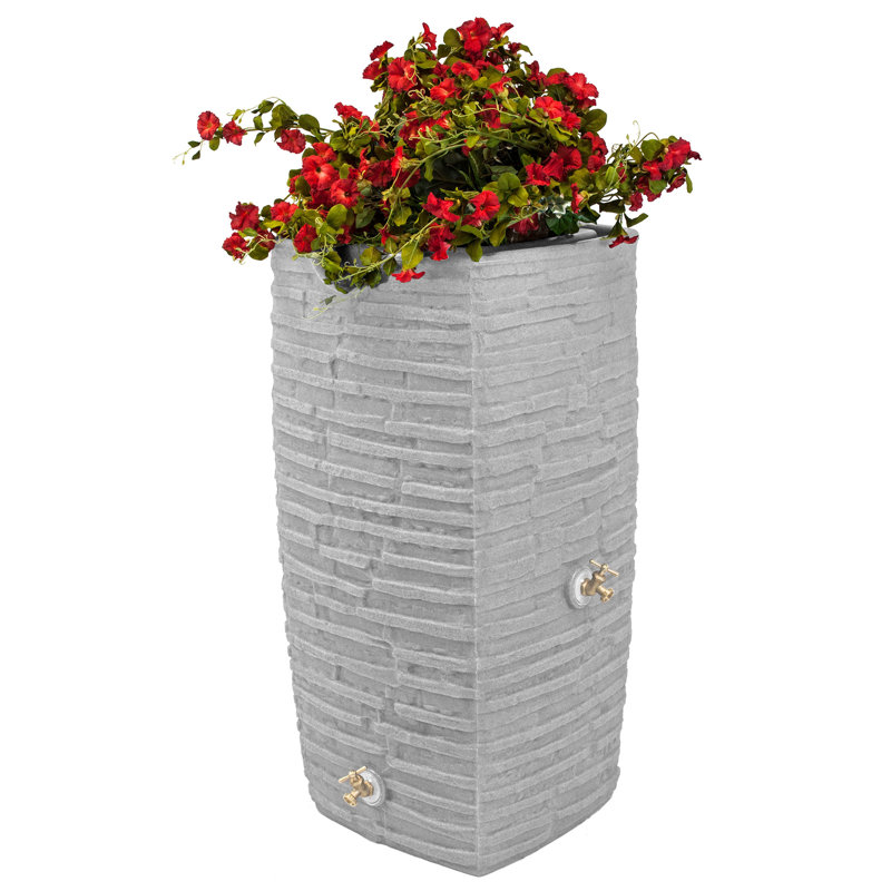 Good Ideas 50 Gallons Plastic Drainable Dual Overflow Planter Rain Barrel, Light Granite