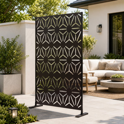 Kozyard Metal Privacy Screen 74.2"H x 47.3"W Decorative Outdoor Divider with Stand Panels Freestanding Screen Set for Patio Balcony Garden Outdoor&Indoor(Black/Hexagonal Star)