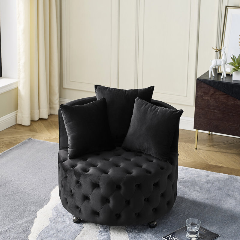 Élégant fauteuil pivotant en velours de salon, bouton avec siège de fauteuil noir élégant et idéal pour une utilisation, Noir