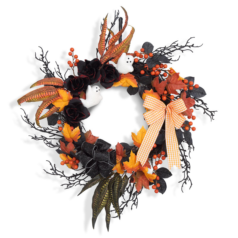 Halloween Front Door Wreath with Black Feathers, Orange Maple Leaves and Black Roses, 66 cm