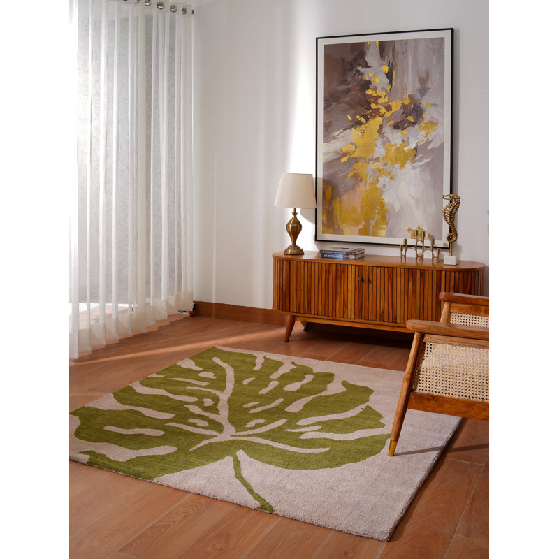 Rhoda Hand Tufted Wool Eco-Friendly Square Area Rugs - Square, Beige Green Color, Floral Modern Design, High Pile Thick Handmade Anti Skid Area Rugs for Living Room, Bed Room