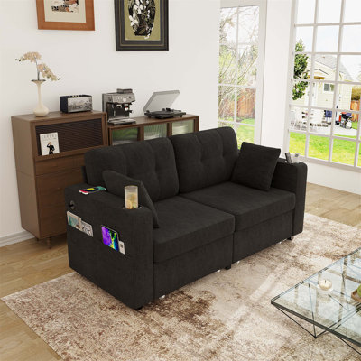 Modern Three-Seat Chenille Sofa With Built-In USB Charging Ports, Storage Chaise, Cup Holder, And Wood Frame For Living Room Or Apartment.