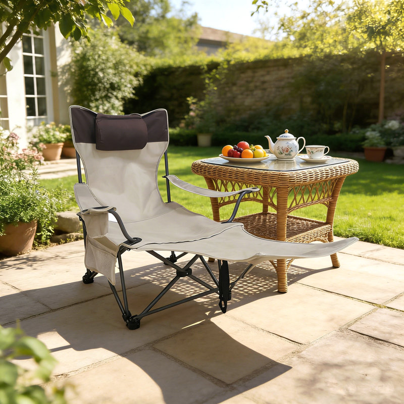 Chaise pliante / portative / inclinable réglable pour camping en plein air (ajustement à trois niveaux), poches latérales et porte-gobelet, sac de transport, beige