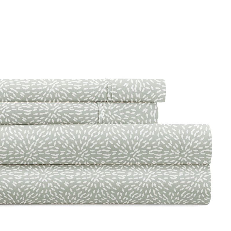 7-Piece Reversible Bedding Bundle - Solid Comforter and Patterned Sheet Set, Green Geometric