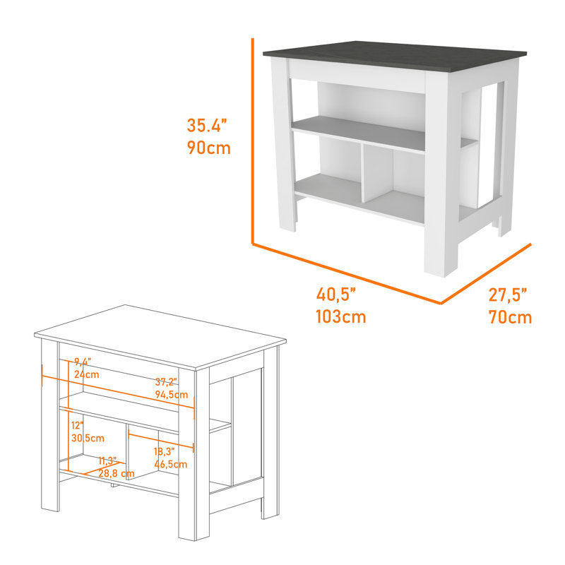 Îlot de cuisine, trois tablettes, blanc, Gris clair / blanc