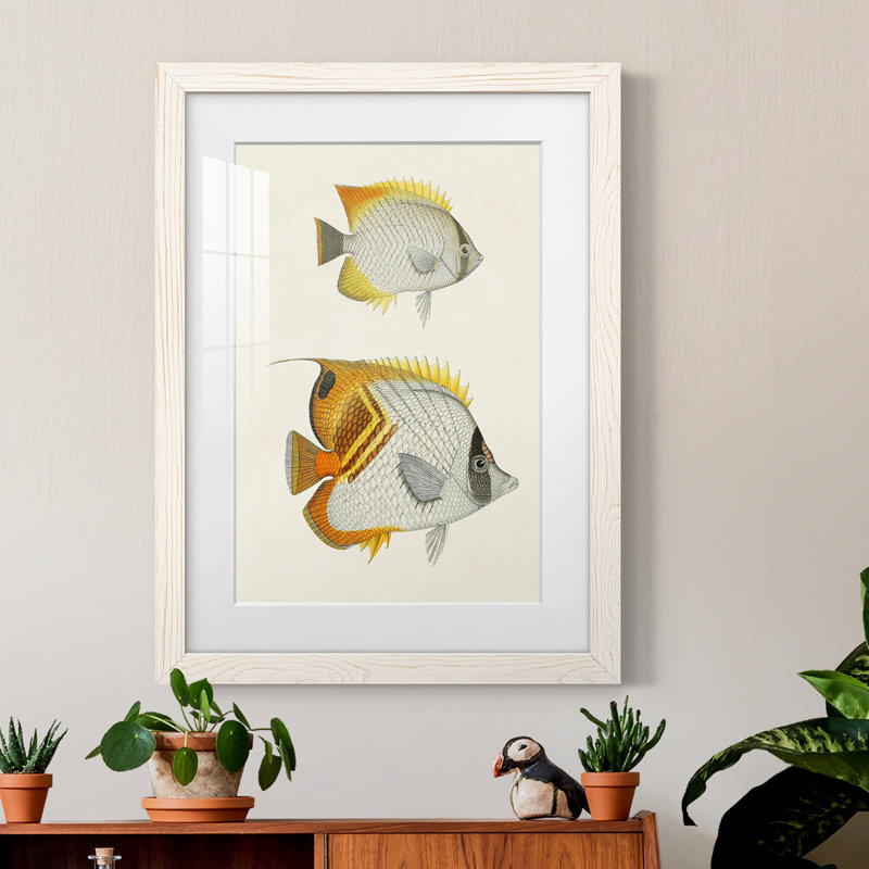 Jaune et gris poisson I encadré mat - prêt à accrocher, Cadre blanc, H 44 po x l 31 po x P 1 po