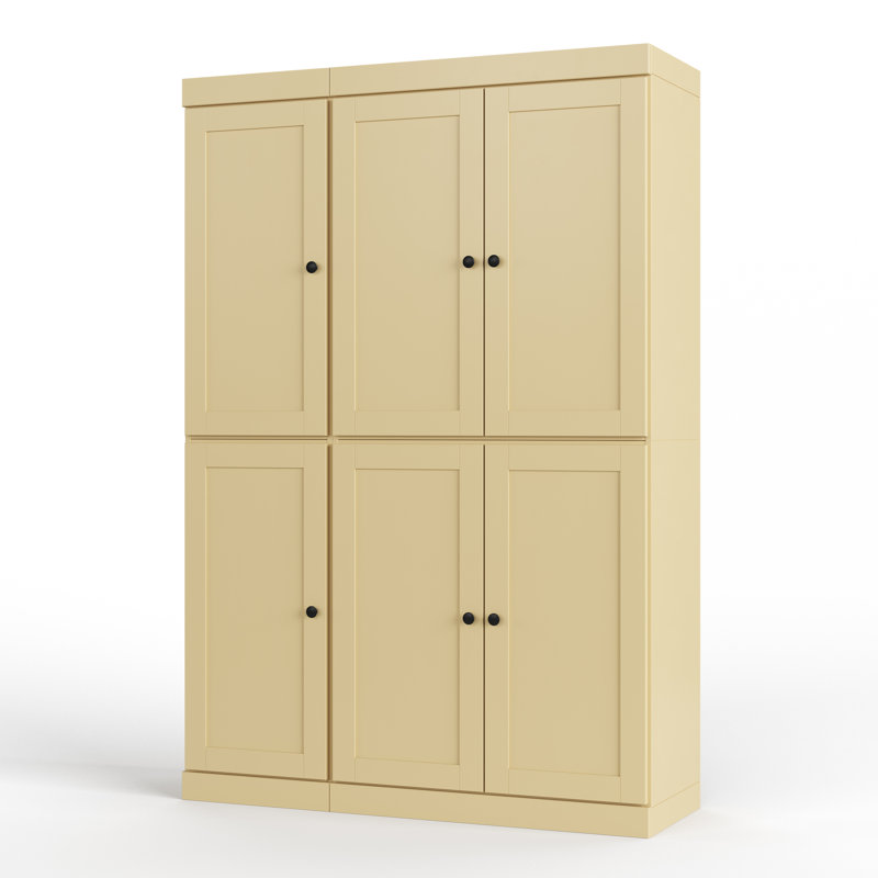 Garde-manger 100% bois massif 48,5 po avec portes Shaker, 2 tiroirs et tablettes réglables, Jaune