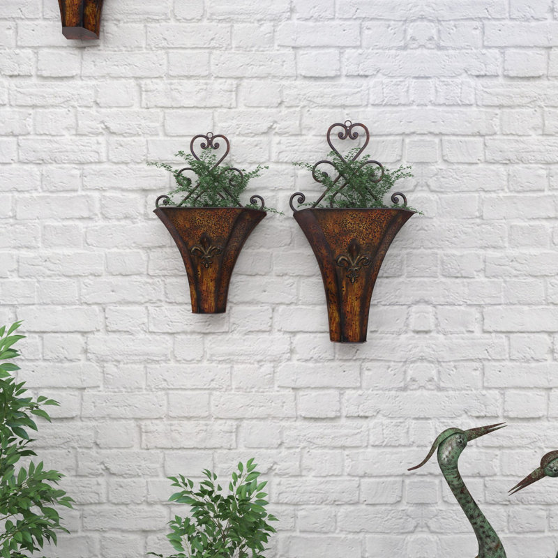 Alline Metal Indoor Outdoor Weathered Hanging Scroll Indoor Outdoor Wall Planter with Fleur-De-Lis Accent