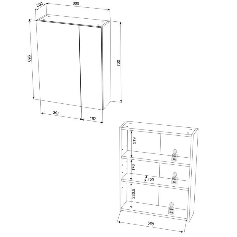 Ruvolo 600mm W 700mm H Wall Frameless Medicine Cabinet Mirror 2 Fixed