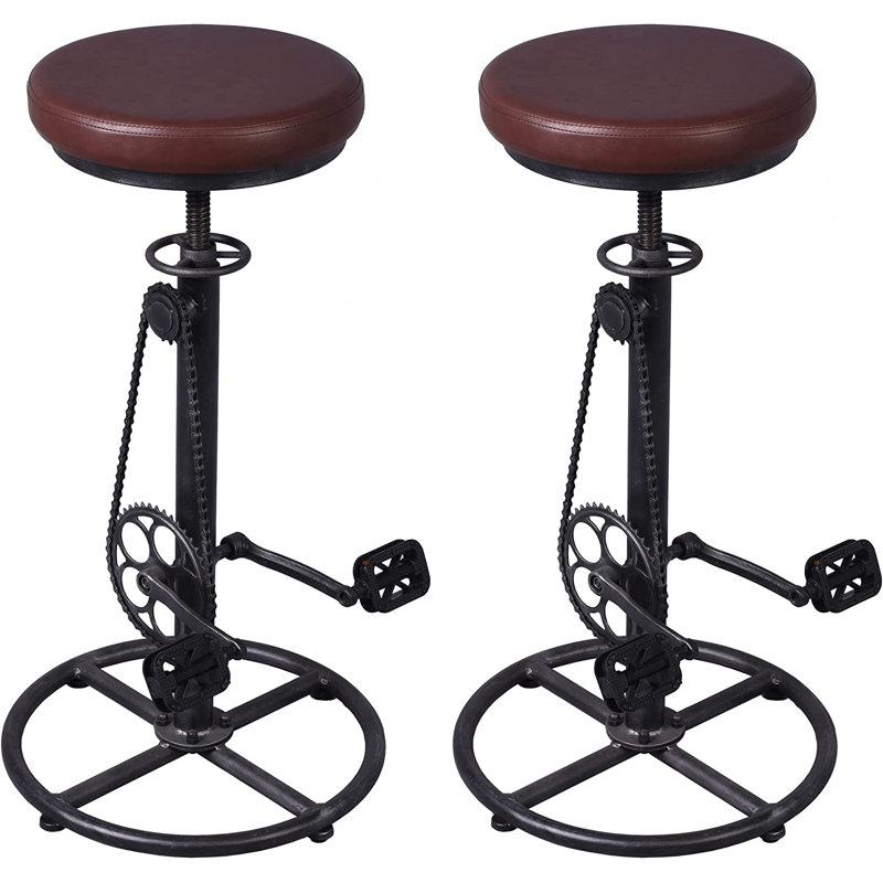 Analeesa Swivel Upholstered Adjustable Height Counter Stool with Iron Frame, Dark Brown  Faux Leather/Black Silver Frame