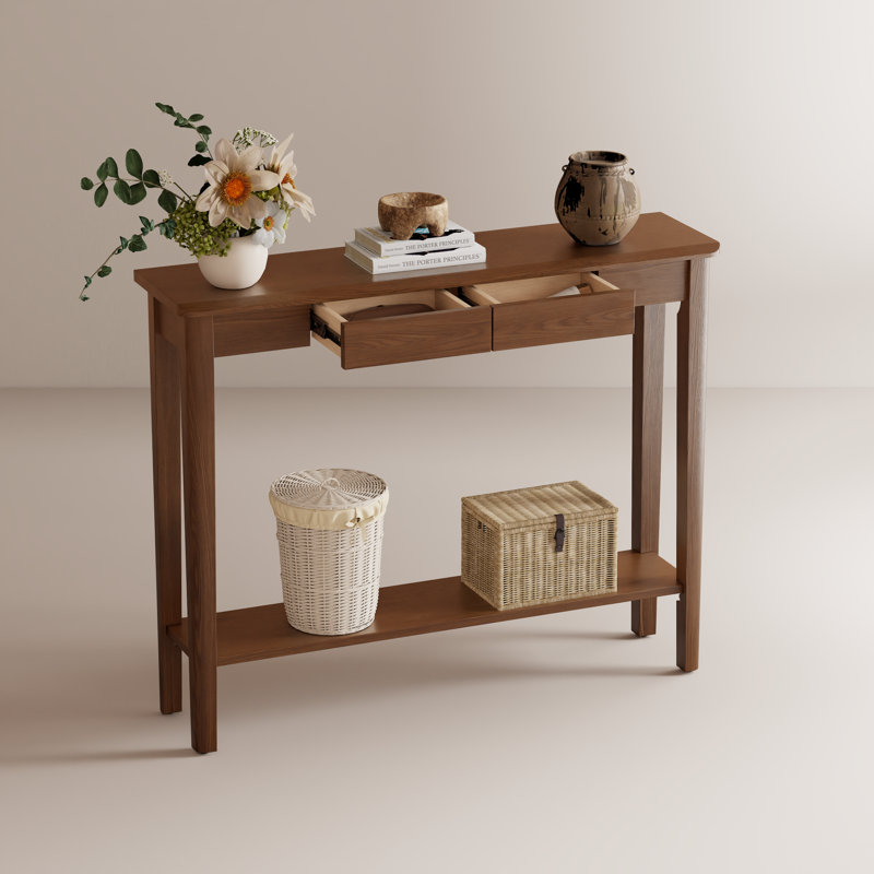 Solid Wood Console Table with Drawers, Mid Century Modern Entryway Table for Living Room and Hallway, Brown