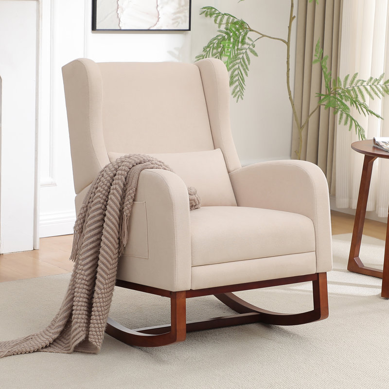 30" Wide Rocking Chair with Solid Wood Leg and Footrest, Beige Linen Blend