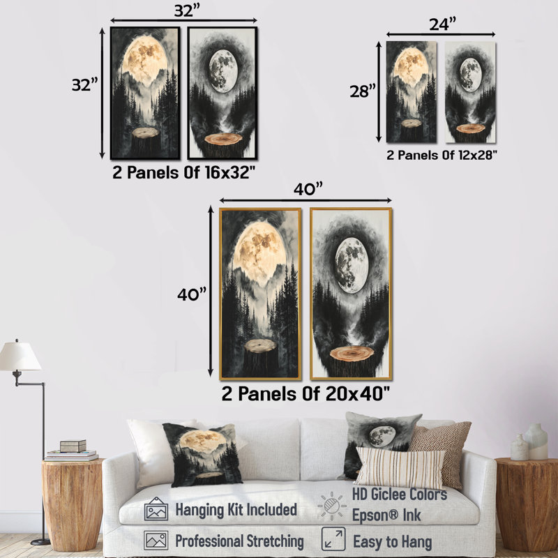 Lune au-dessus de la forêt de pierre onyx I - Collection d'impressions sur toile 2 pièces, H 28 po x l 25 po, Toile tendue