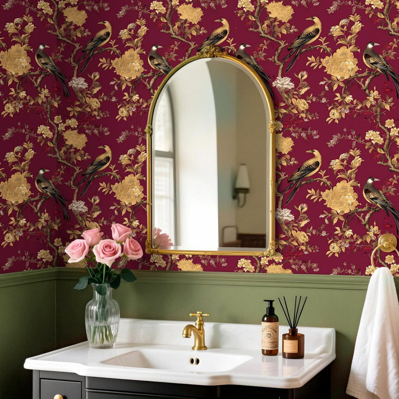 Red and Gold Floral Wallpaper, Self Adhesive, Vintage Bird Pattern, Waterproof Sticky Back Plastic Wallpaper, 44.5 CM x 7 M